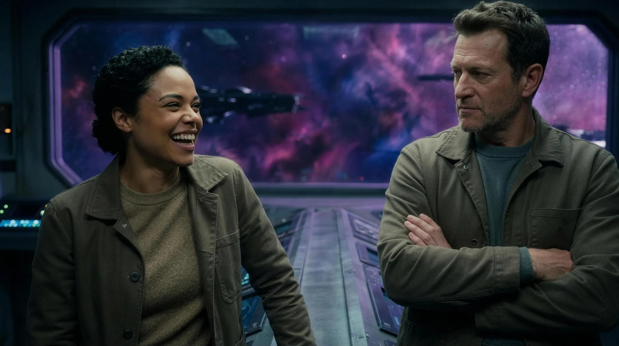 A crew member laughing openly while the guarded man beside her keeps his arms folded and watches her, a violet nebula through the bridge window