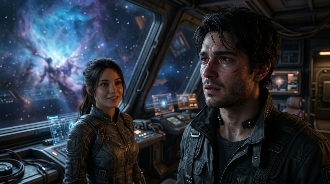 Two crew members standing close at a lit console in a ship's cockpit, both faces turned to each other, a bright nebula filling the viewport behind them