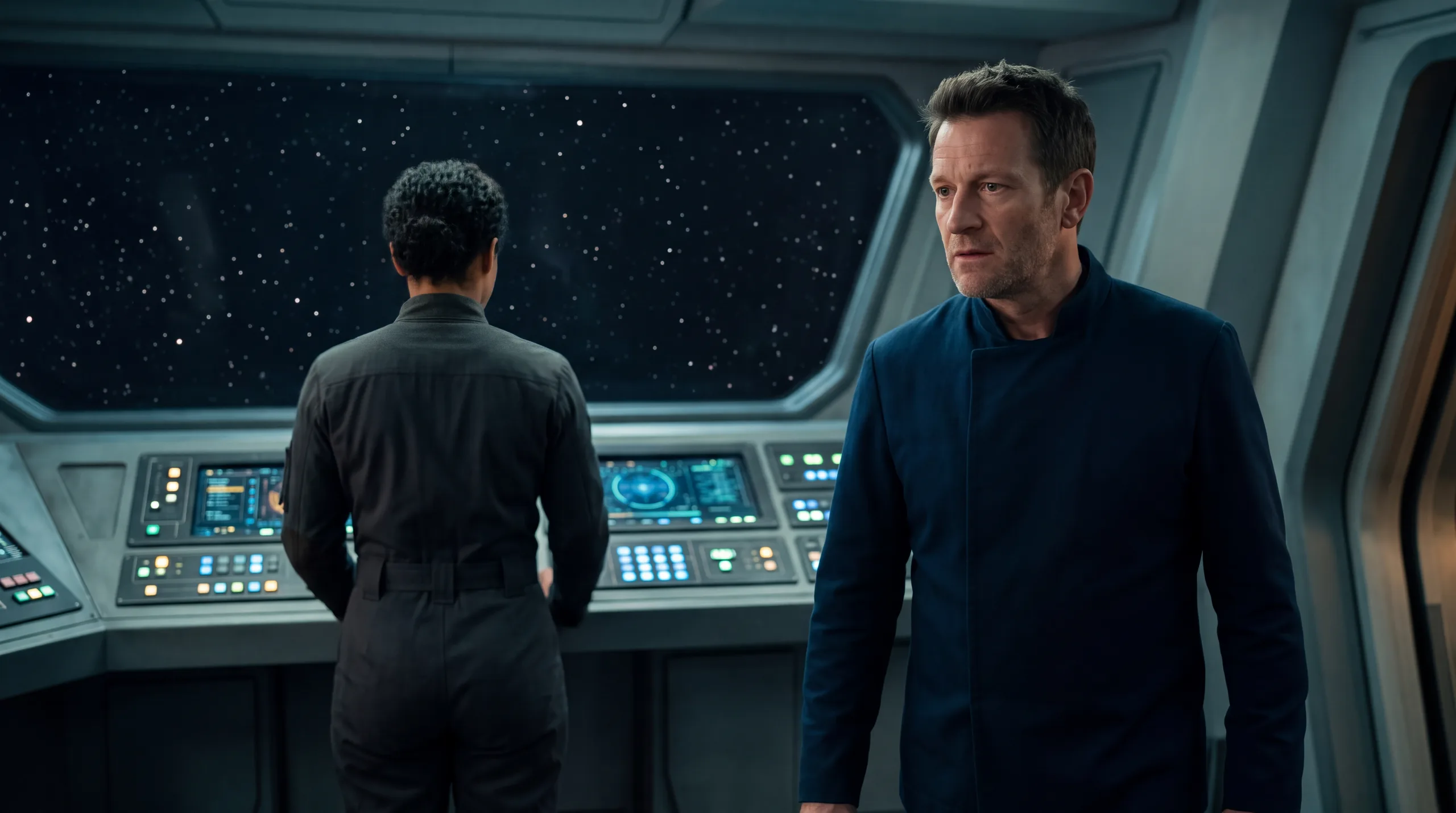 A woman at the bridge console with her back turned to the stars, and the commander a few steps away watching her rather than the display