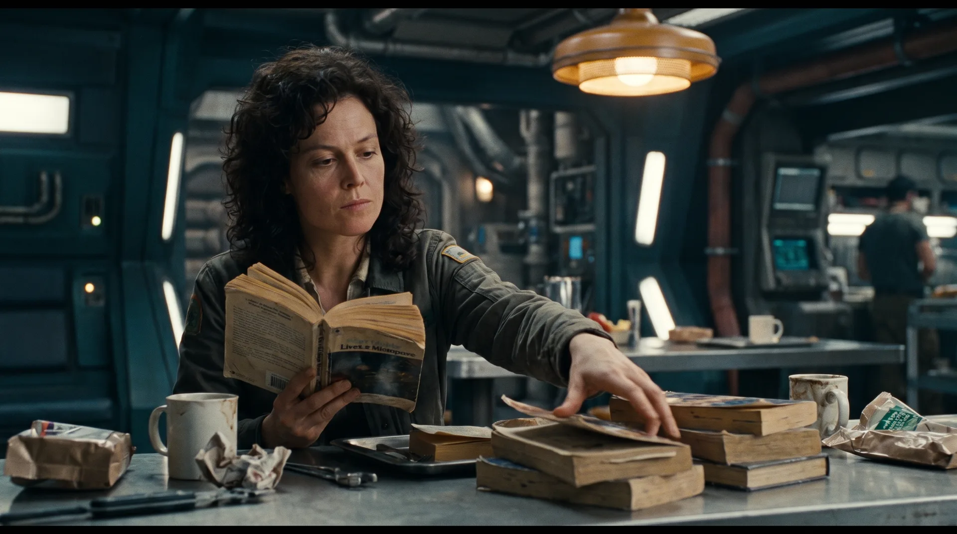 A crew member sorting paperbacks into piles at a galley table, choosing where to start with human only closed door sci fi romance