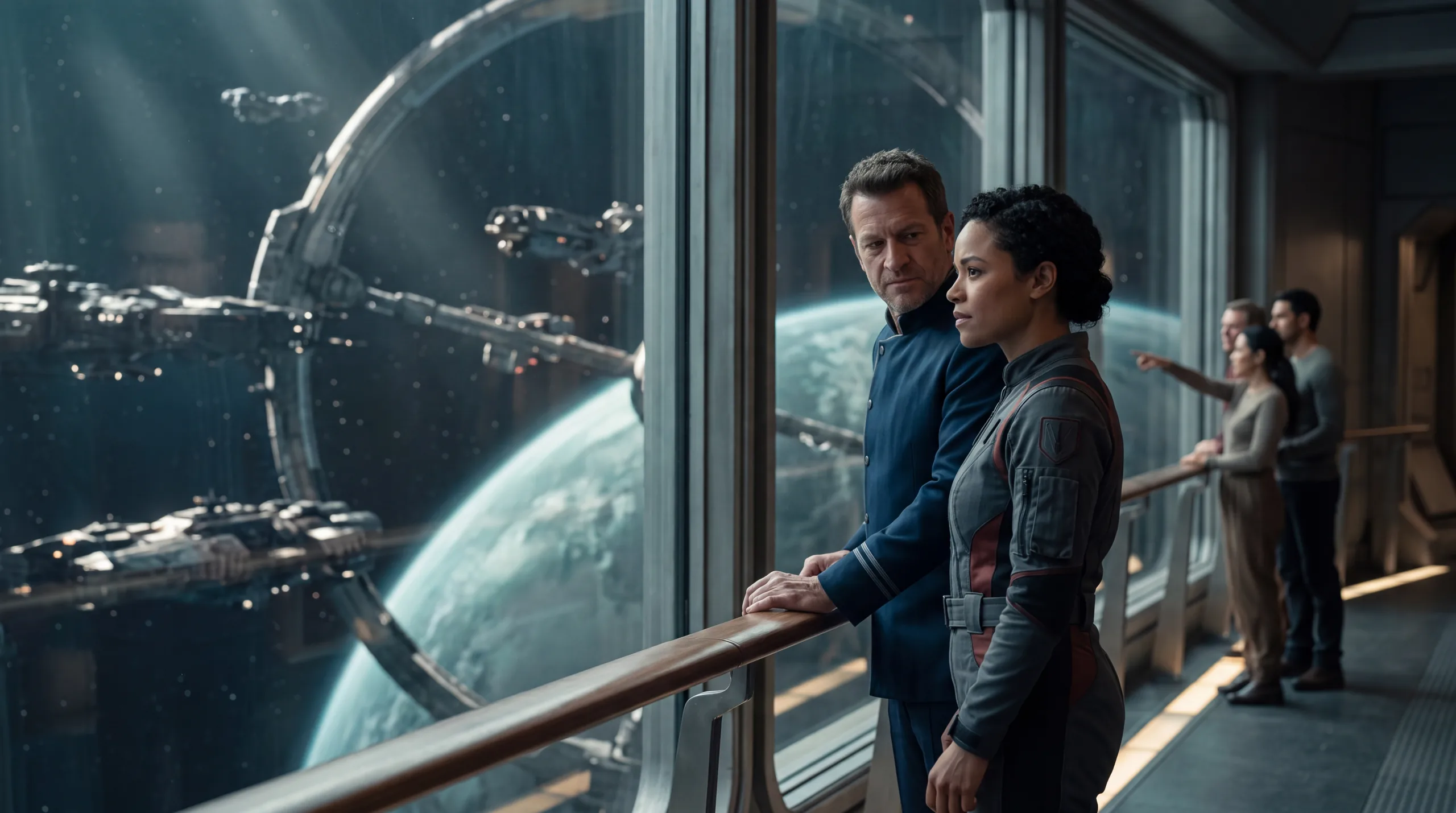 Two people at a station window watching a ring dock and a planet beyond, every face in the scene human