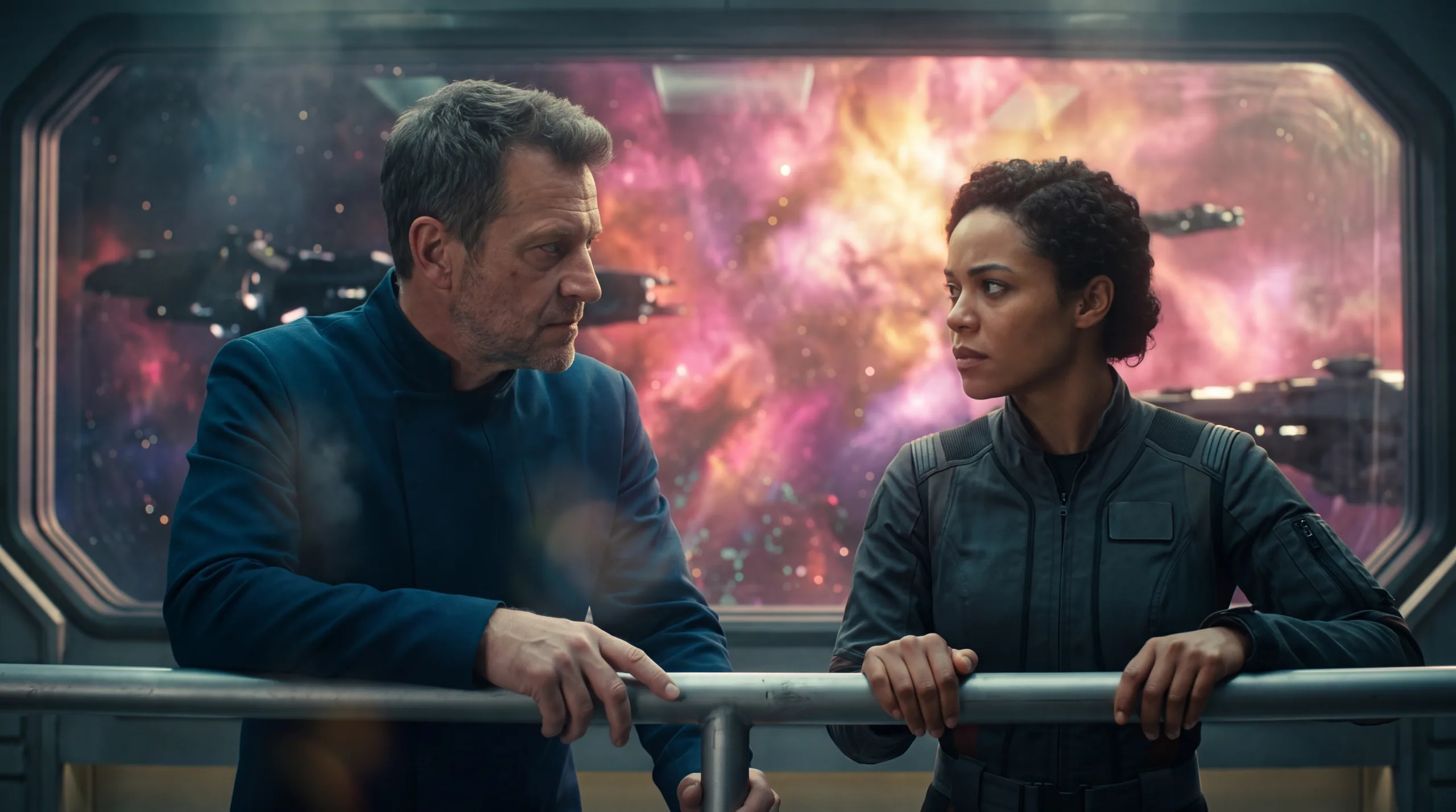 Two officers at the rail of an observation deck, turned toward each other, a nebula burning pink and gold through the viewport behind them