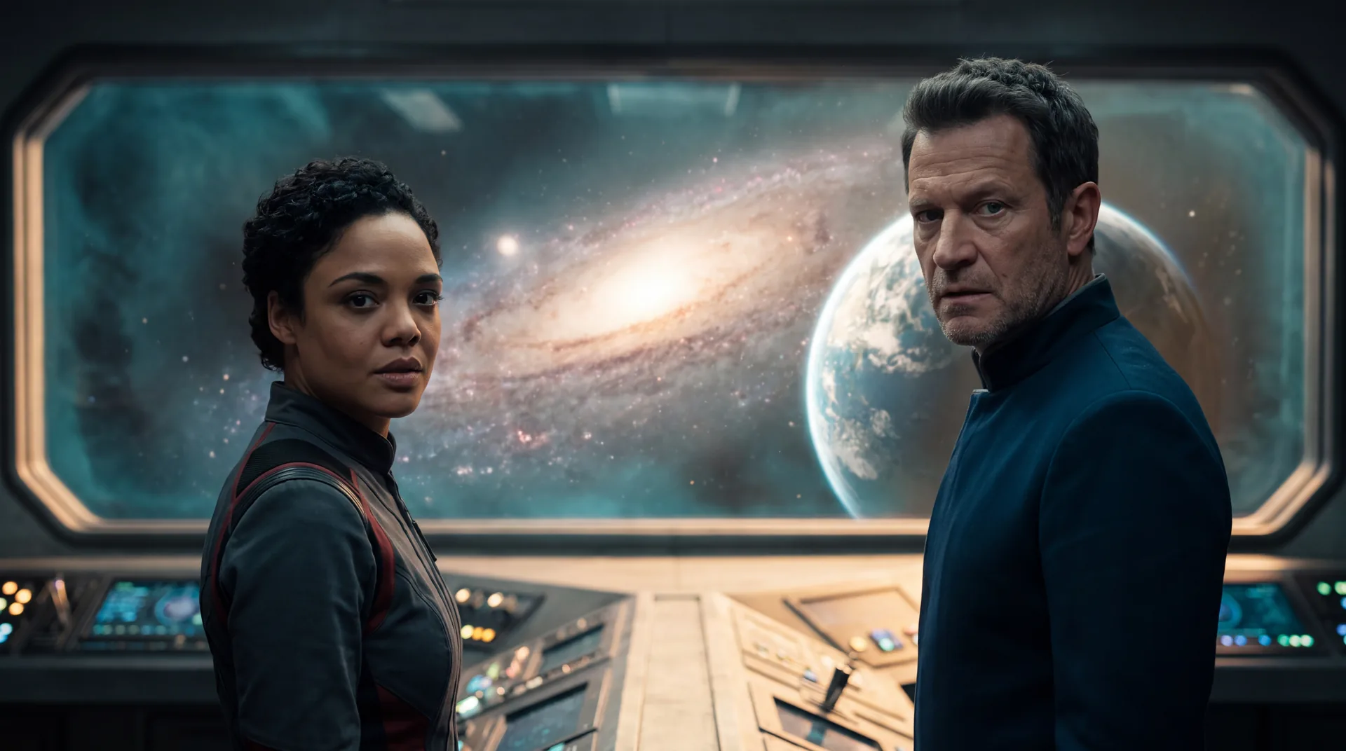 Two officers at a wide viewport, turned back toward the room, a spiral galaxy and a lit planet filling the window behind them