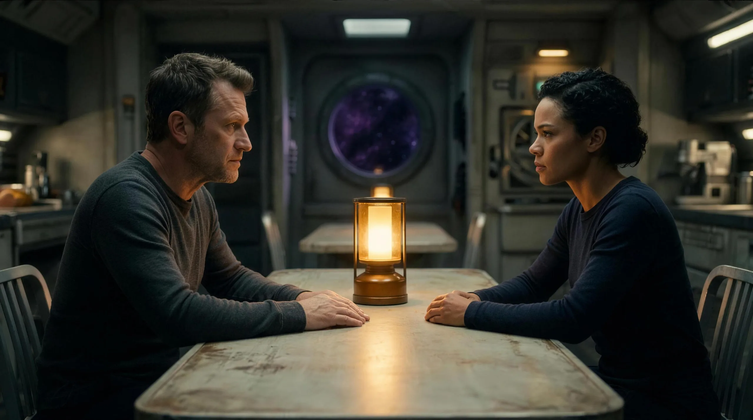 Two crew members sitting across a galley table by lantern light, hands resting flat on the table and not quite meeting