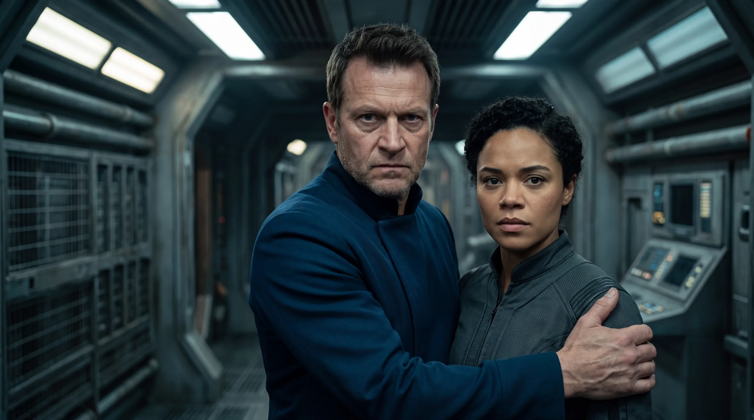 A man standing with his arm around a woman's shoulders in a ship corridor, both of them facing the camera and neither of them smiling
