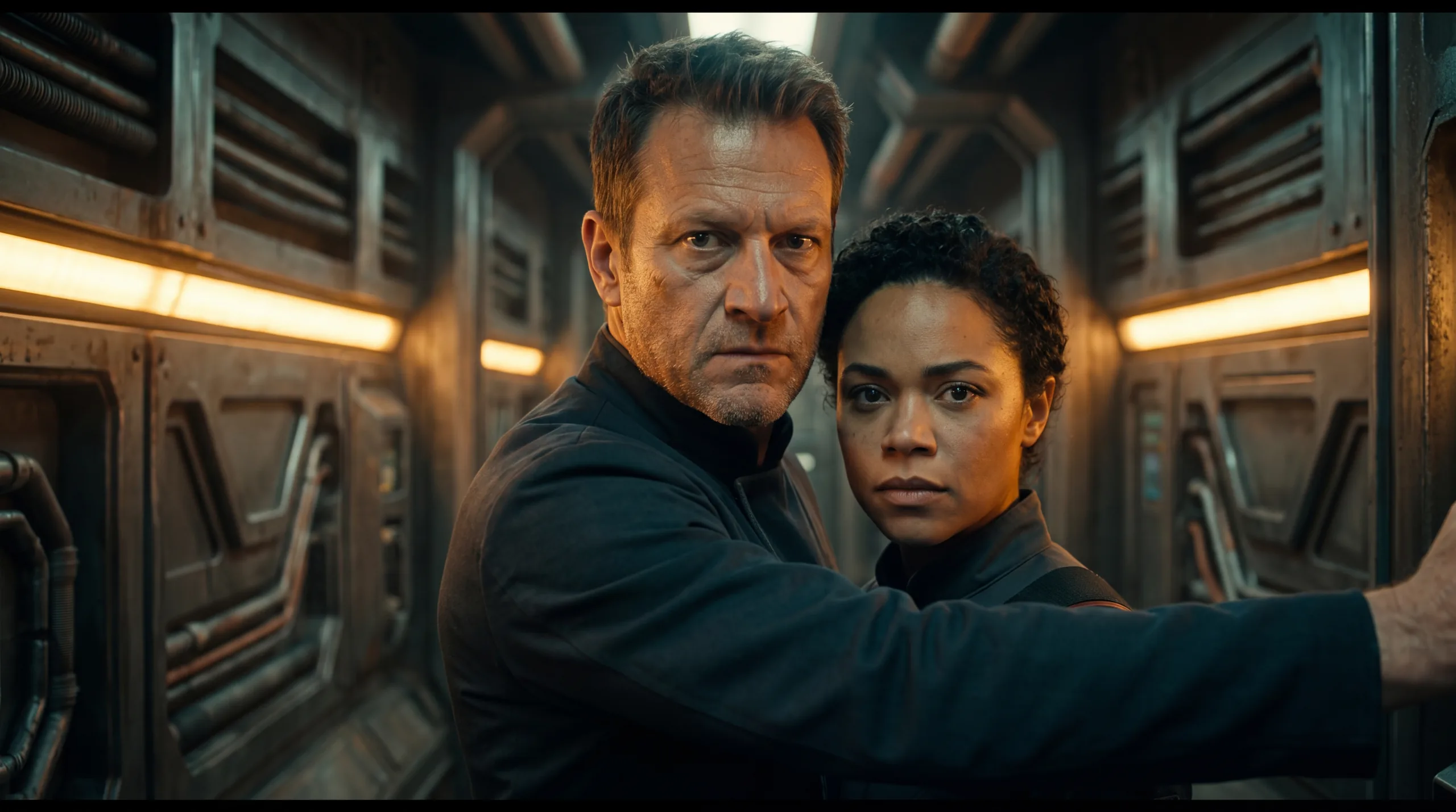 A man putting his arm out across a ship corridor to keep the woman behind him, both of them looking straight at whatever is coming