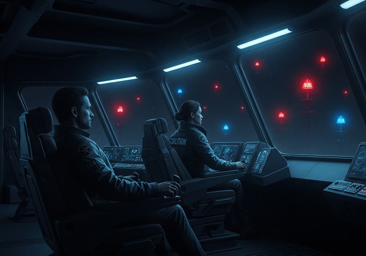 Two figures standing on a warship bridge, starlight casting long shadows between them