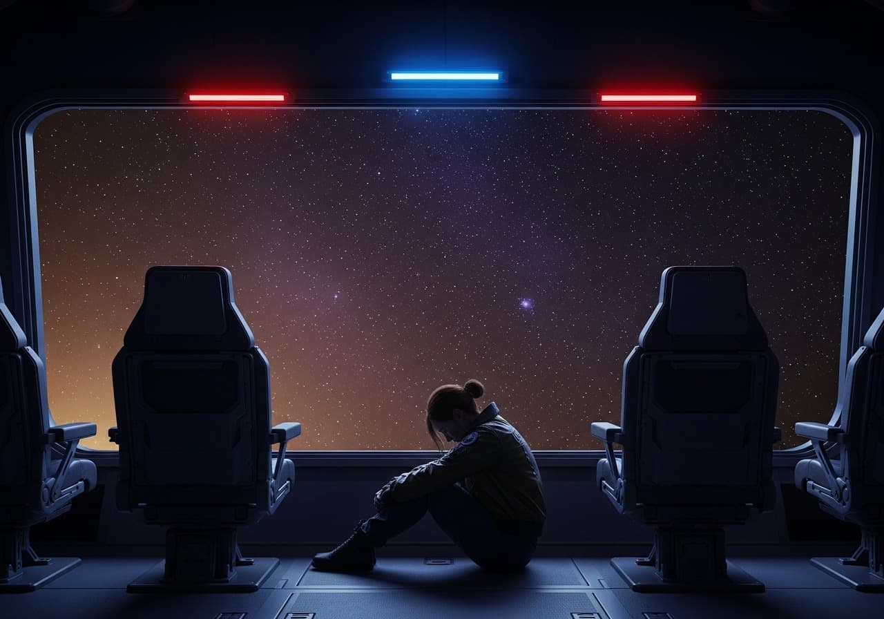 A solitary figure gazing through a vast observation deck viewport at distant stars