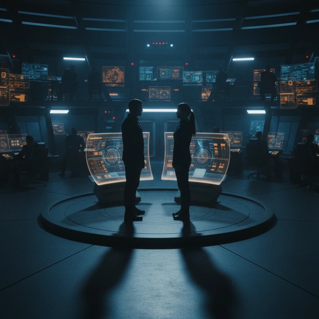 Enemies to lovers sci fi romance standoff: two figures facing each other across a starship bridge, sensor displays glowing