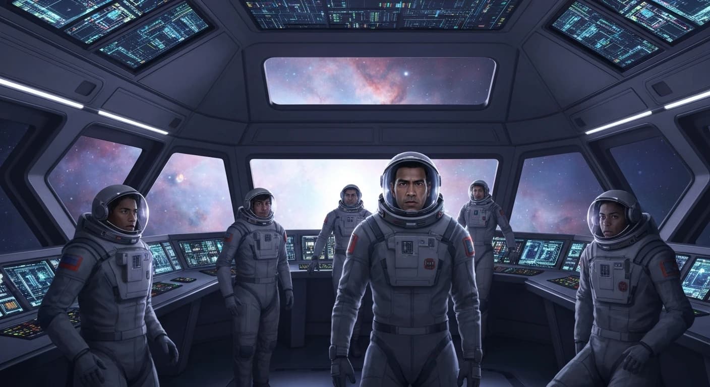 Sci fi romance ensemble: the crew of the Meridian gathered on the bridge, united despite their different factions