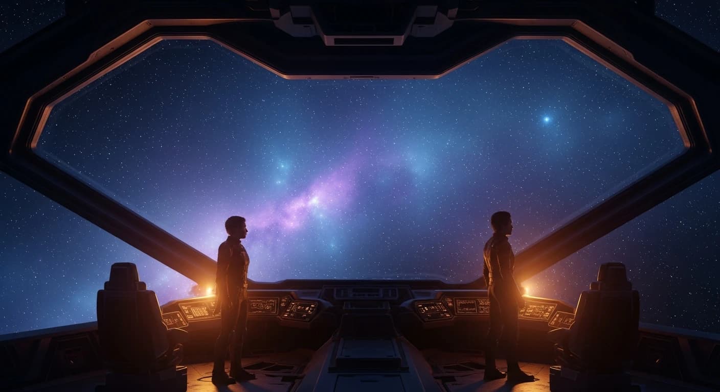 Kira and Thane on the bridge of the Meridian beneath a field of stars, the world of The Starfall Accord