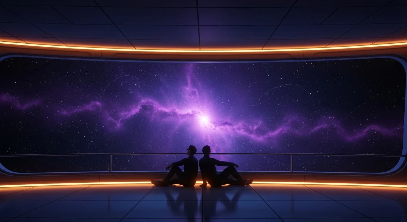 Enemies to lovers sci fi romance scene: two silhouettes on the observation deck, stars and nebula beyond the viewport