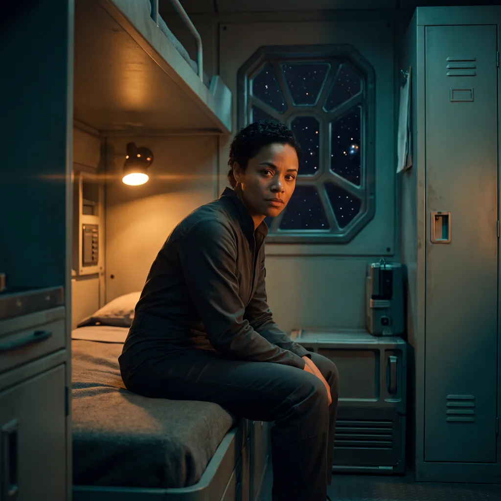 A solitary figure sitting on the edge of a military bunk, starlight from a viewport casting amber rim lighting