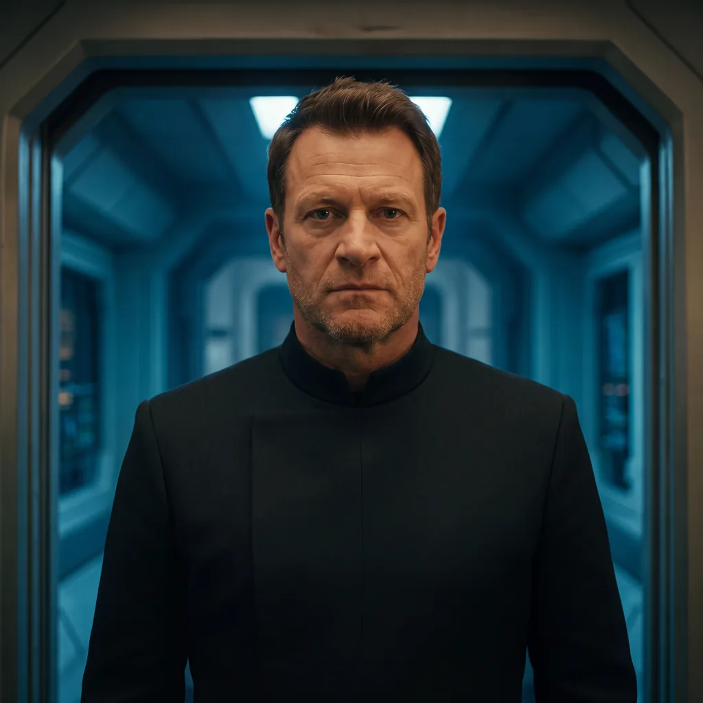 Slow burn sci fi romance lead: a broad-shouldered man filling a starship doorway, his face lit and steady, cool blue corridor lighting behind him