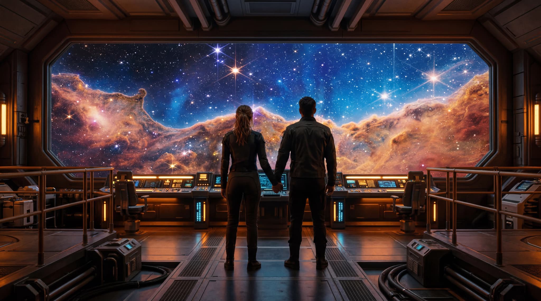 Two figures standing on a starship bridge gazing out at a nebula
