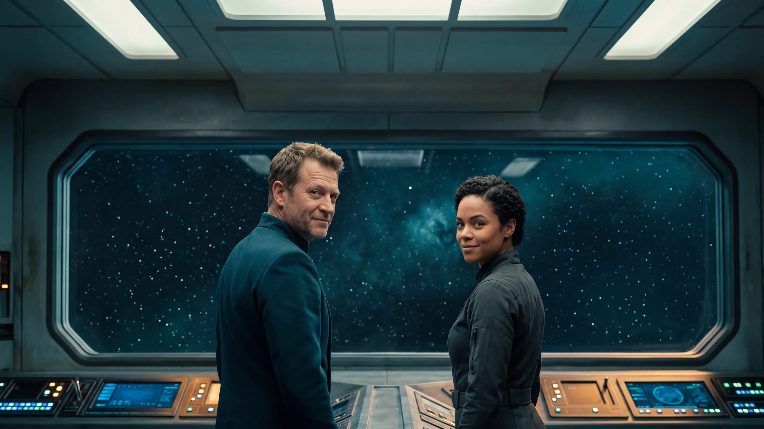 Two crew members at a starship viewport looking back toward the reader, a field of stars beyond the glass