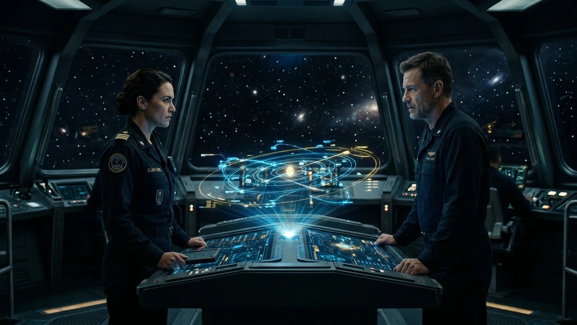 Two figures on opposite sides of a warship bridge, holographic displays casting blue and gold light between them