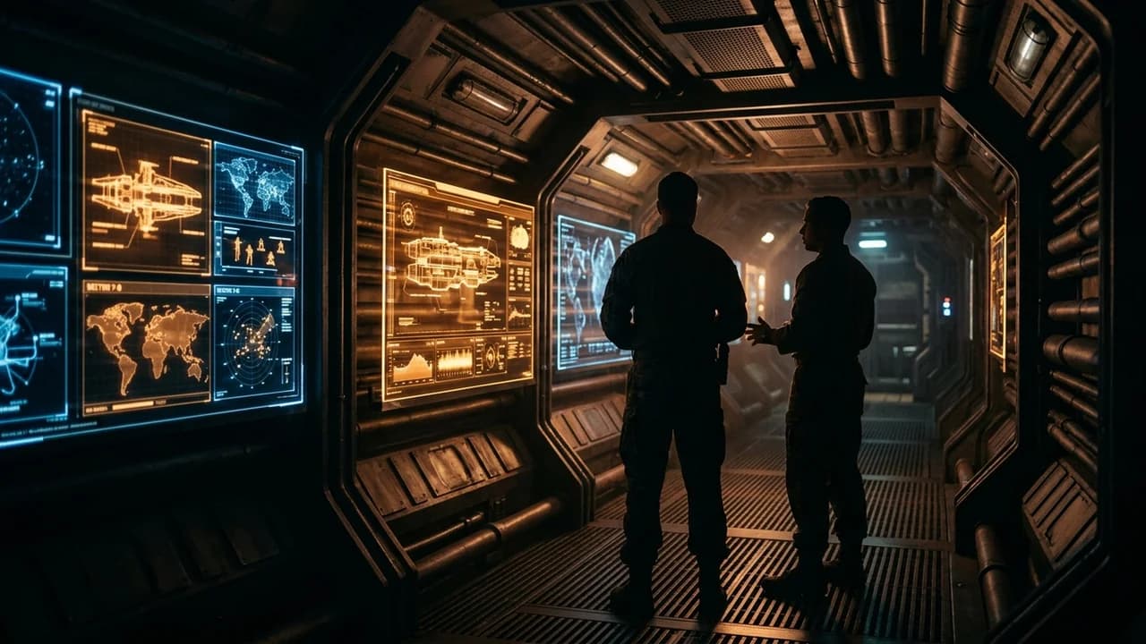 A warship corridor at night with holographic data panels glowing along the walls, two silhouettes reviewing intelligence together