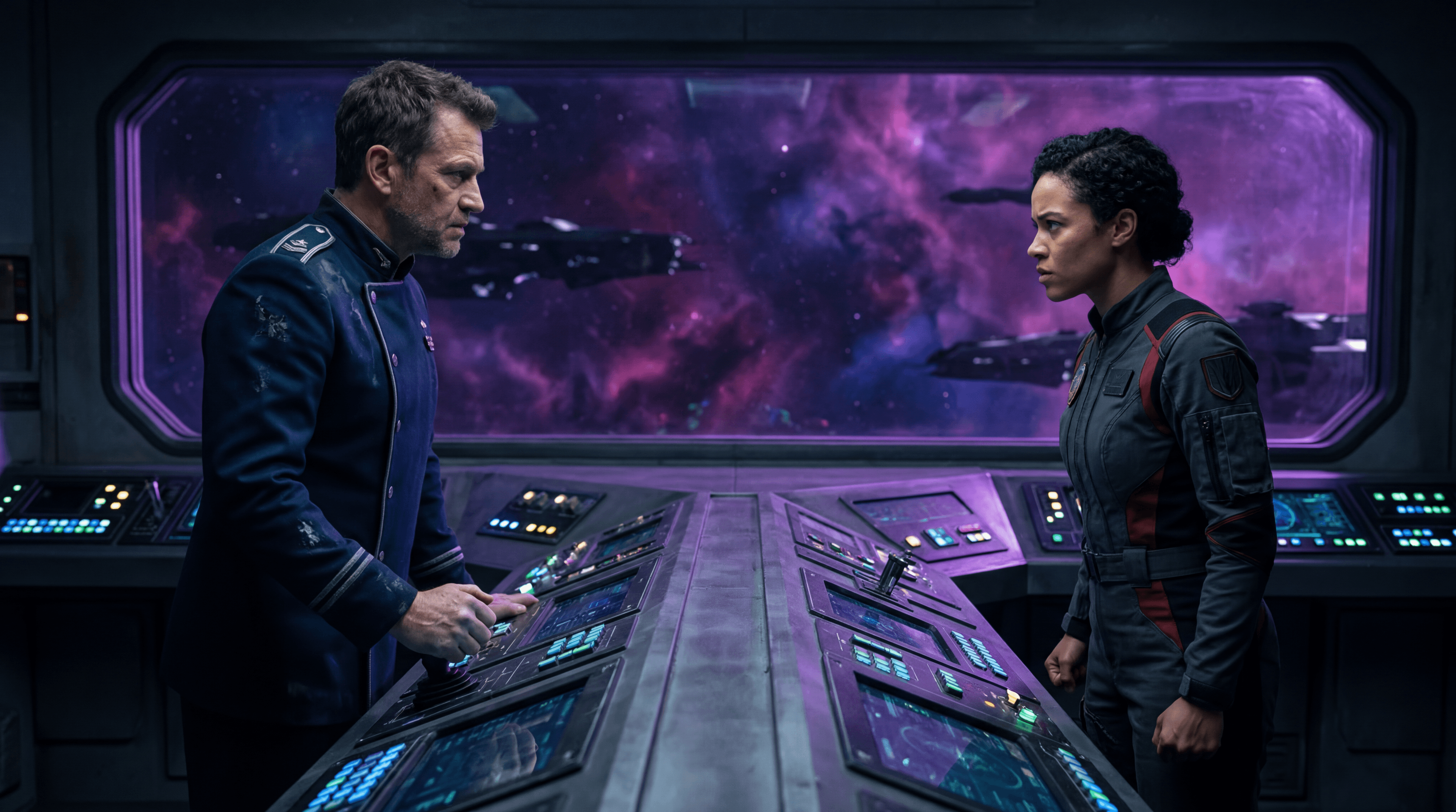 Two figures facing each other across a warship bridge, nebula light casting purple and gold shadows between them