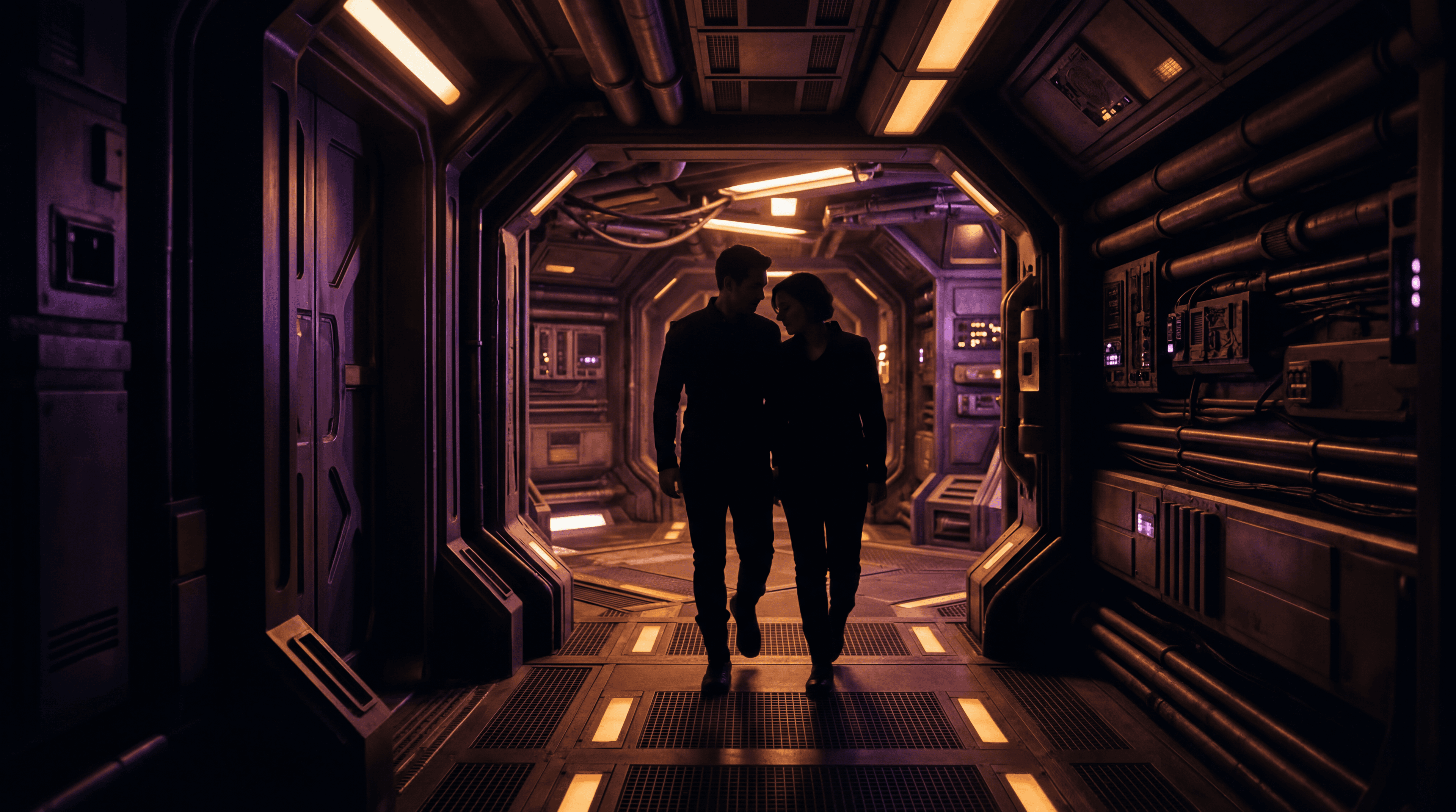 Two silhouettes walking through a spaceship corridor at night, warm amber light casting long shadows