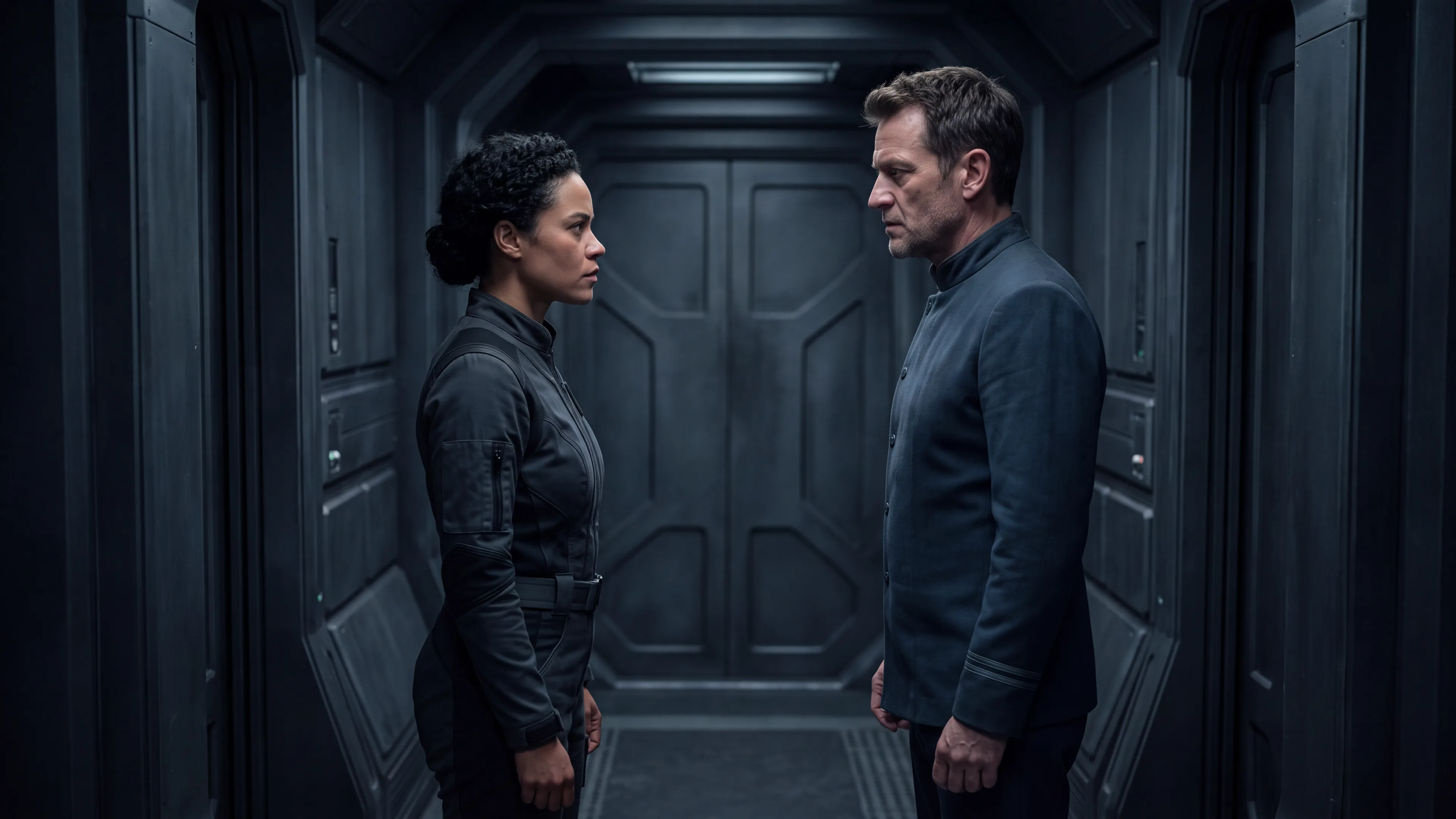 Two human officers stopped face to face in a narrow starship corridor, holding a tense look with a pace still between them