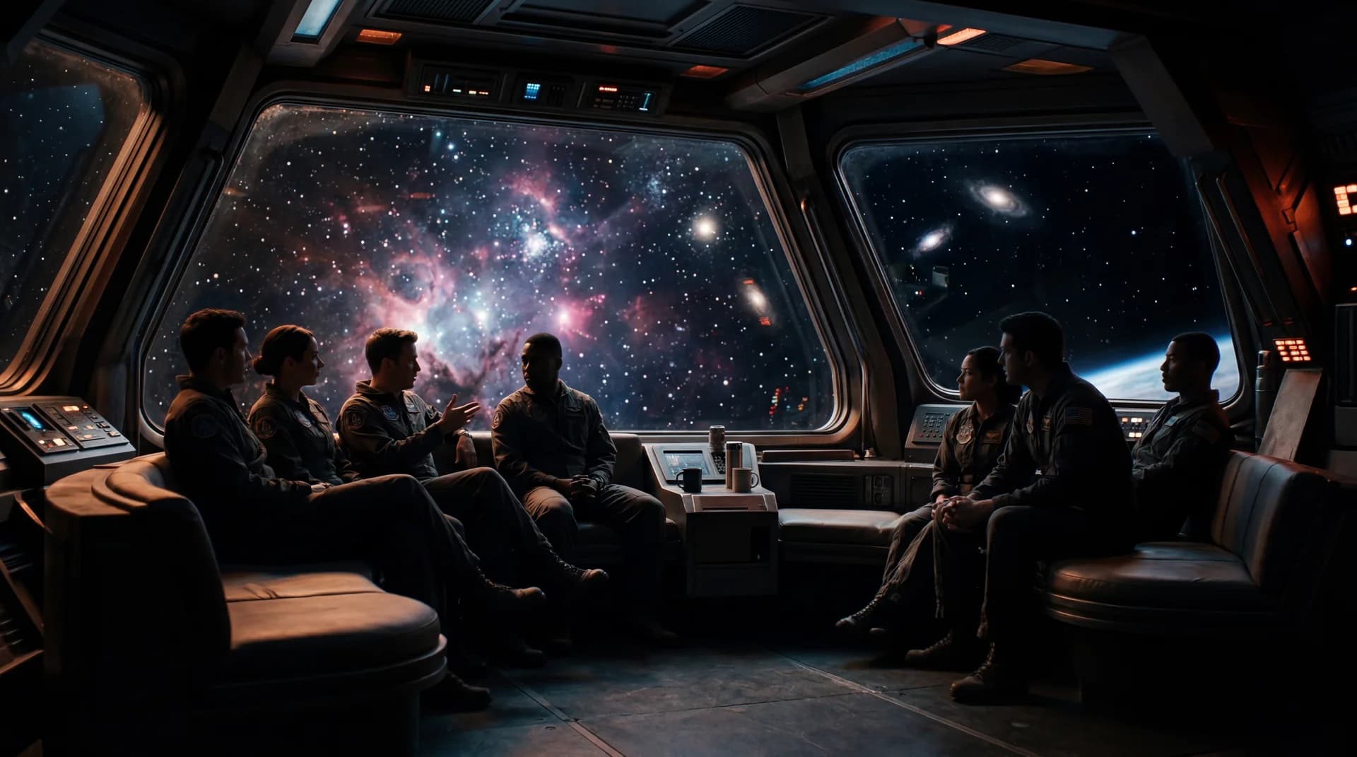 Crew members sitting together on a starship observation deck at night, stars and nebula visible through a panoramic window, warm interior lighting