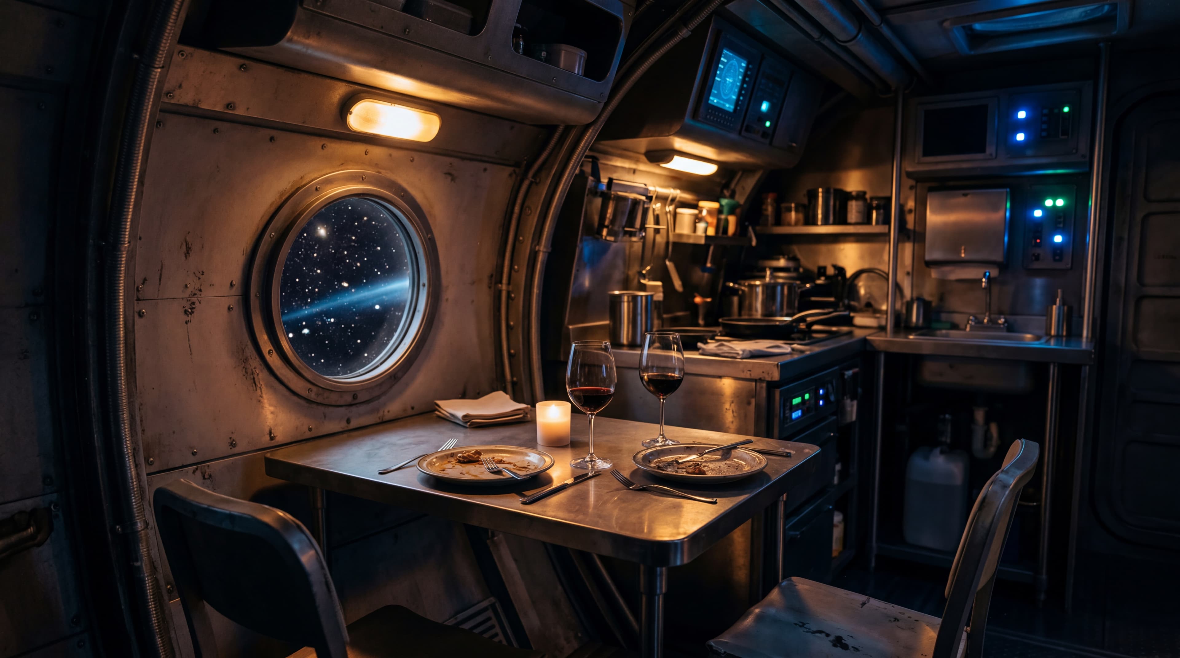 Ship galley with two place settings under starlight capturing the intimacy of forced proximity romance in space