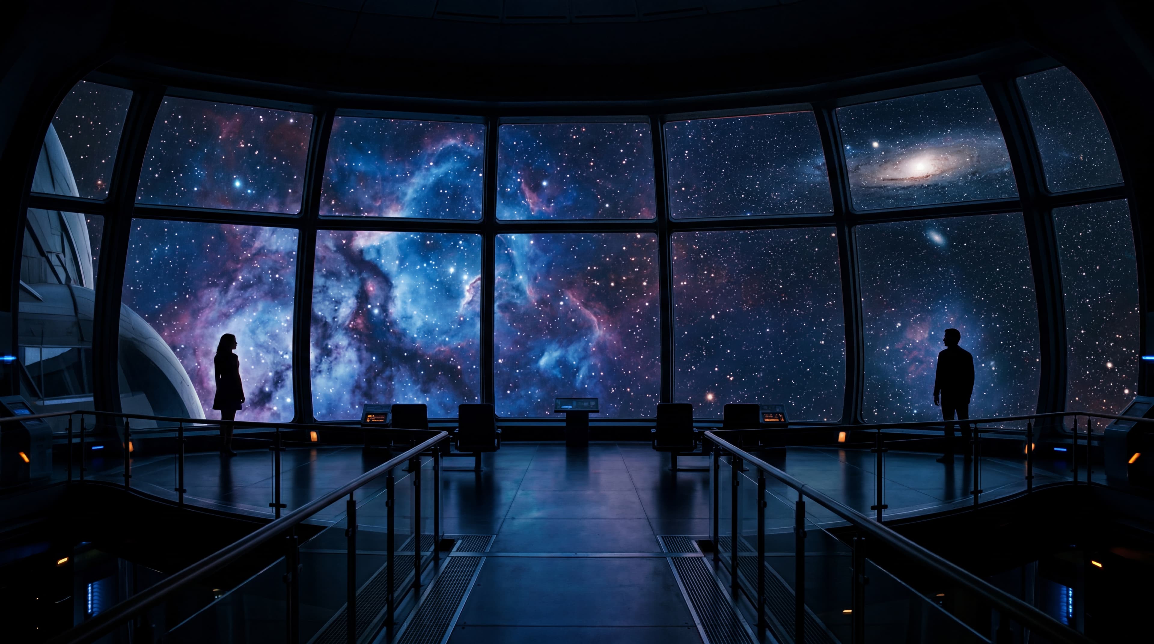 Forced proximity romance in space scene with two silhouetted figures at opposite ends of a warship observation deck