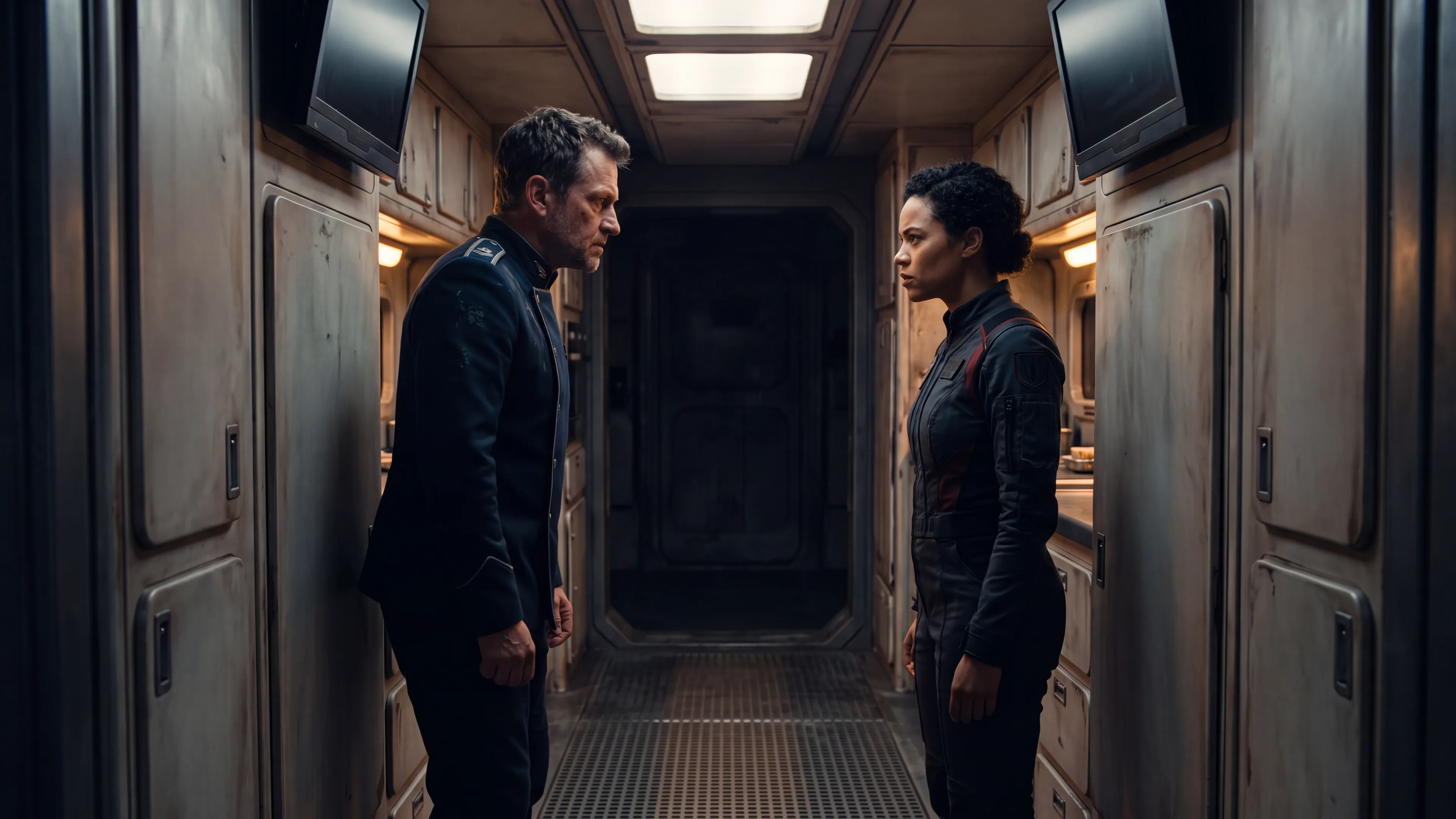 Forced proximity romance in space: two human officers stopped face to face in a warship corridor too narrow to pass each other, both expressions guarded