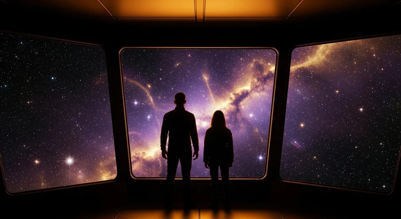 Two figures standing at a viewport looking out at a field of stars, amber light from the ship interior casting their silhouettes