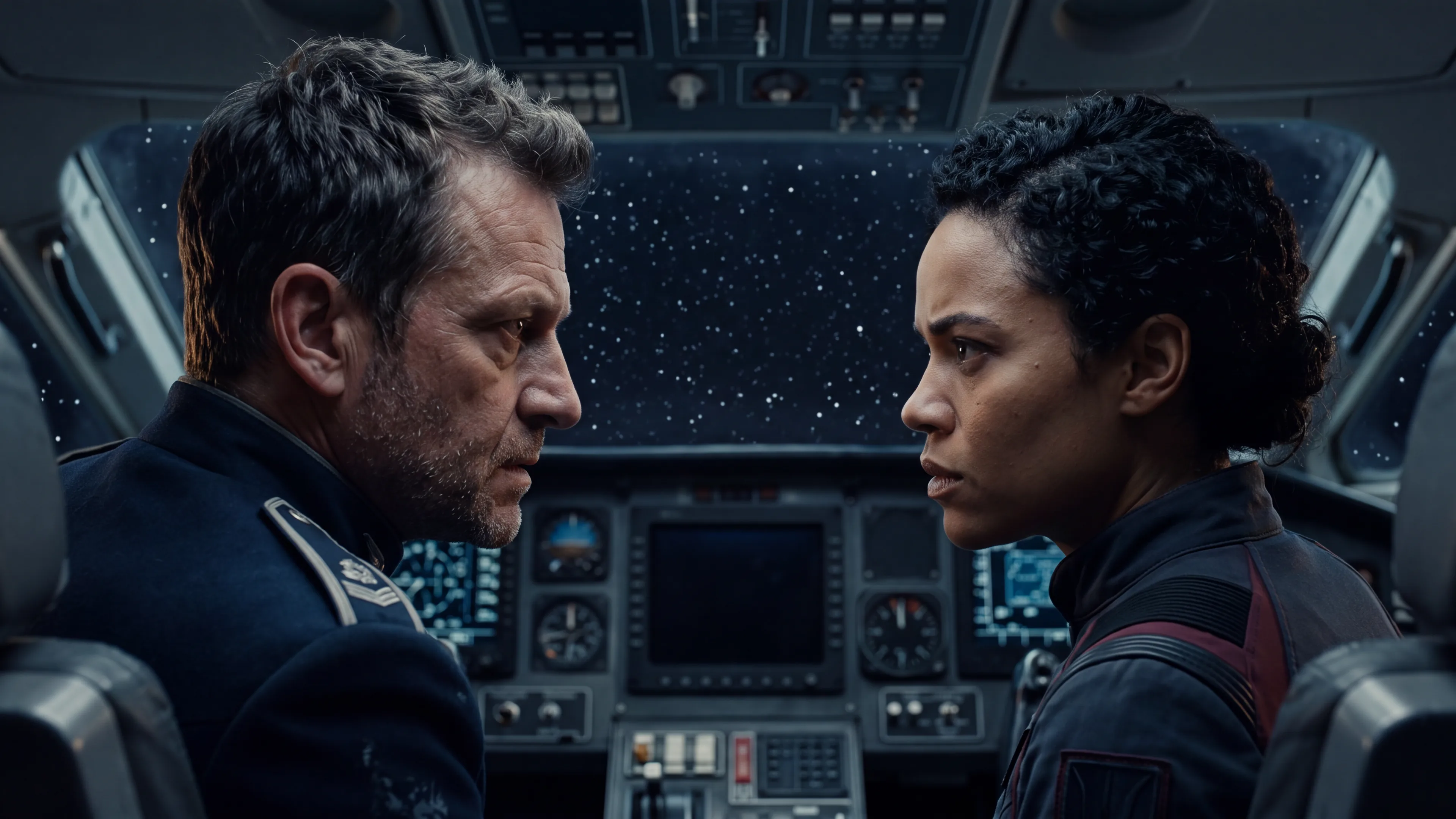 Human only sci fi romance: a close view of the two human leads in the cockpit, turned toward each other, a starfield beyond the canopy