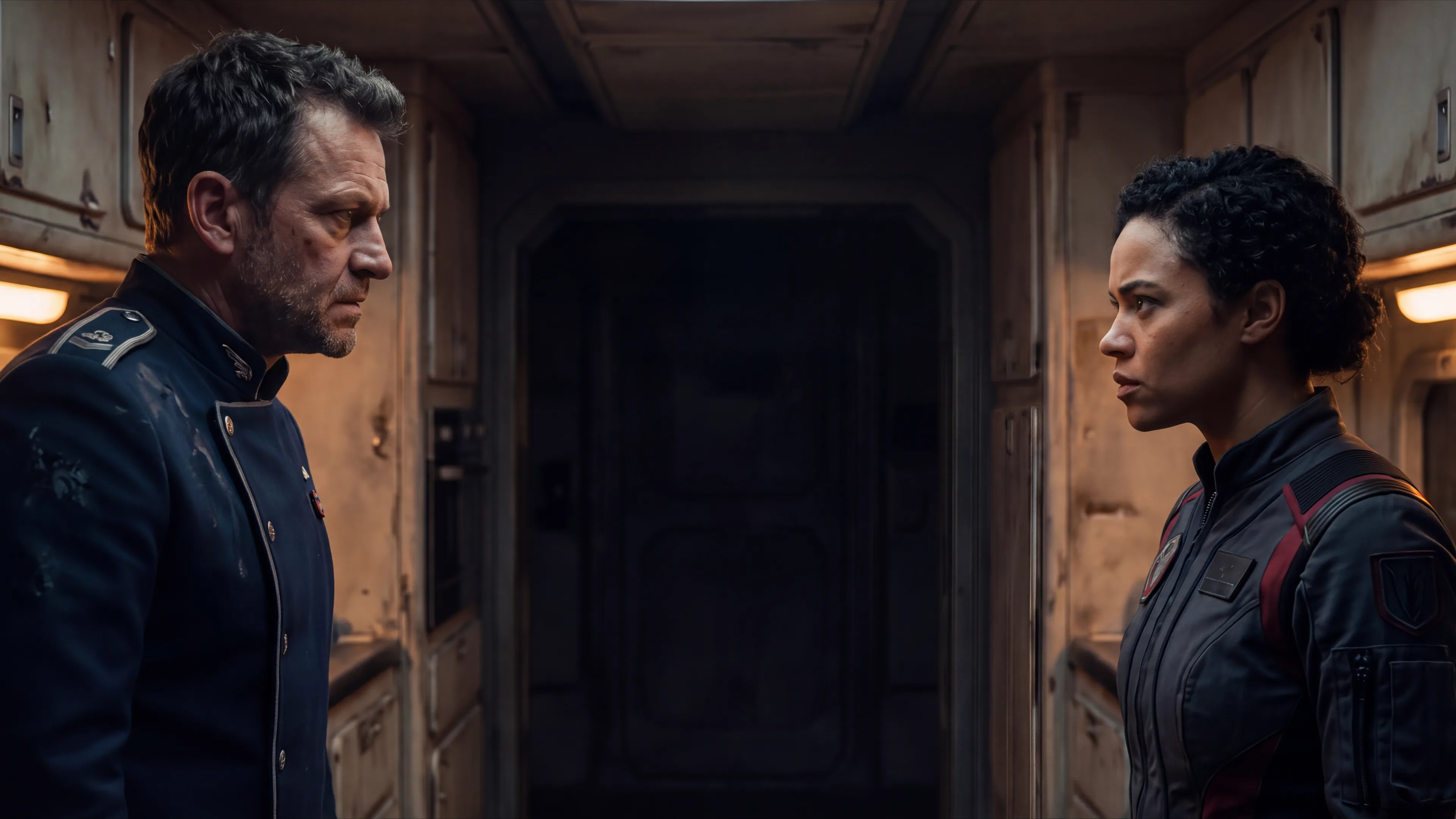 Human only sci fi romance: two human officers facing each other in a worn ship corridor, both faces lit by amber panel light, no aliens anywhere