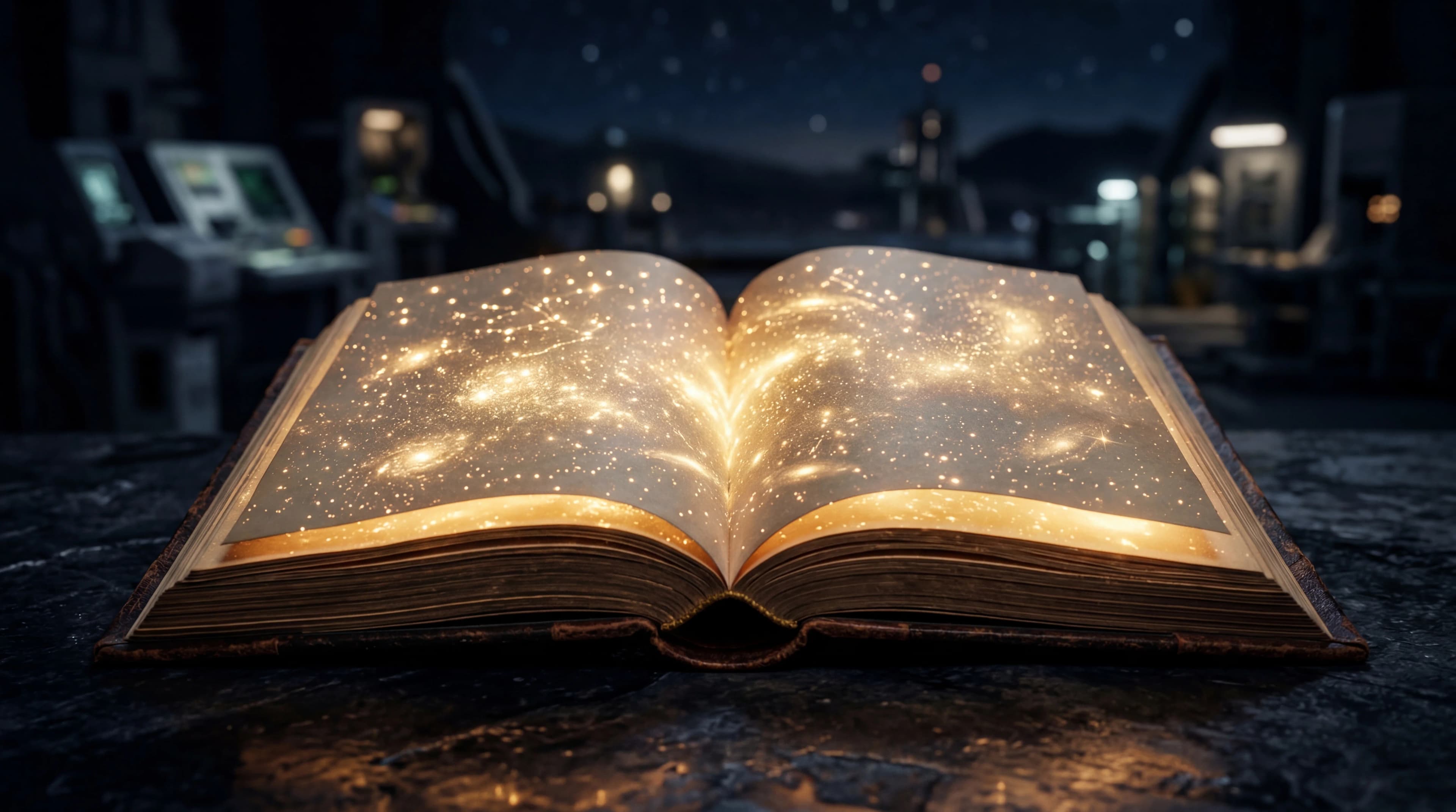 An open book glowing with warm golden light, starfield reflections in the pages against a dark surface