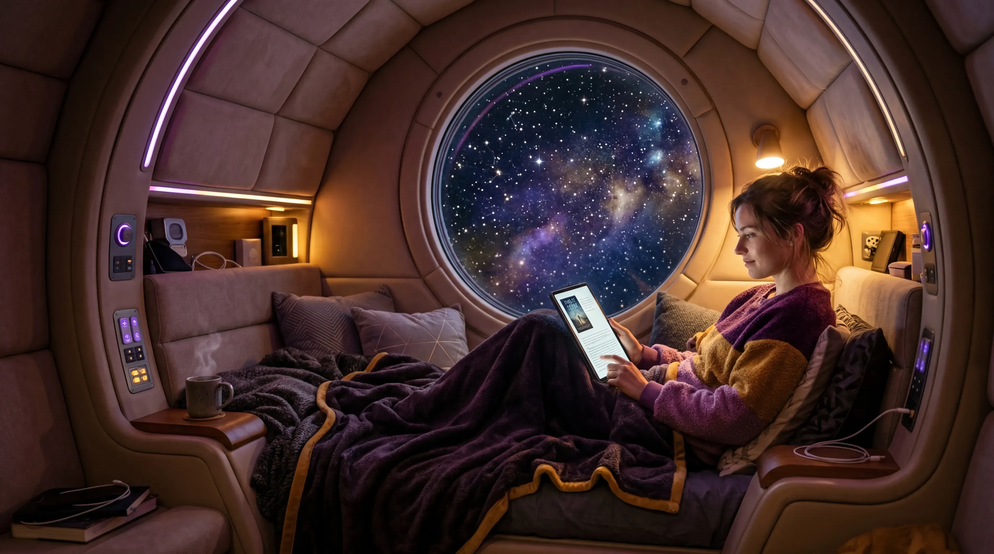 A reader settled under a blanket in a warmly lit sleeping berth, reading the ebook on a tablet with a starfield through the round window beside her