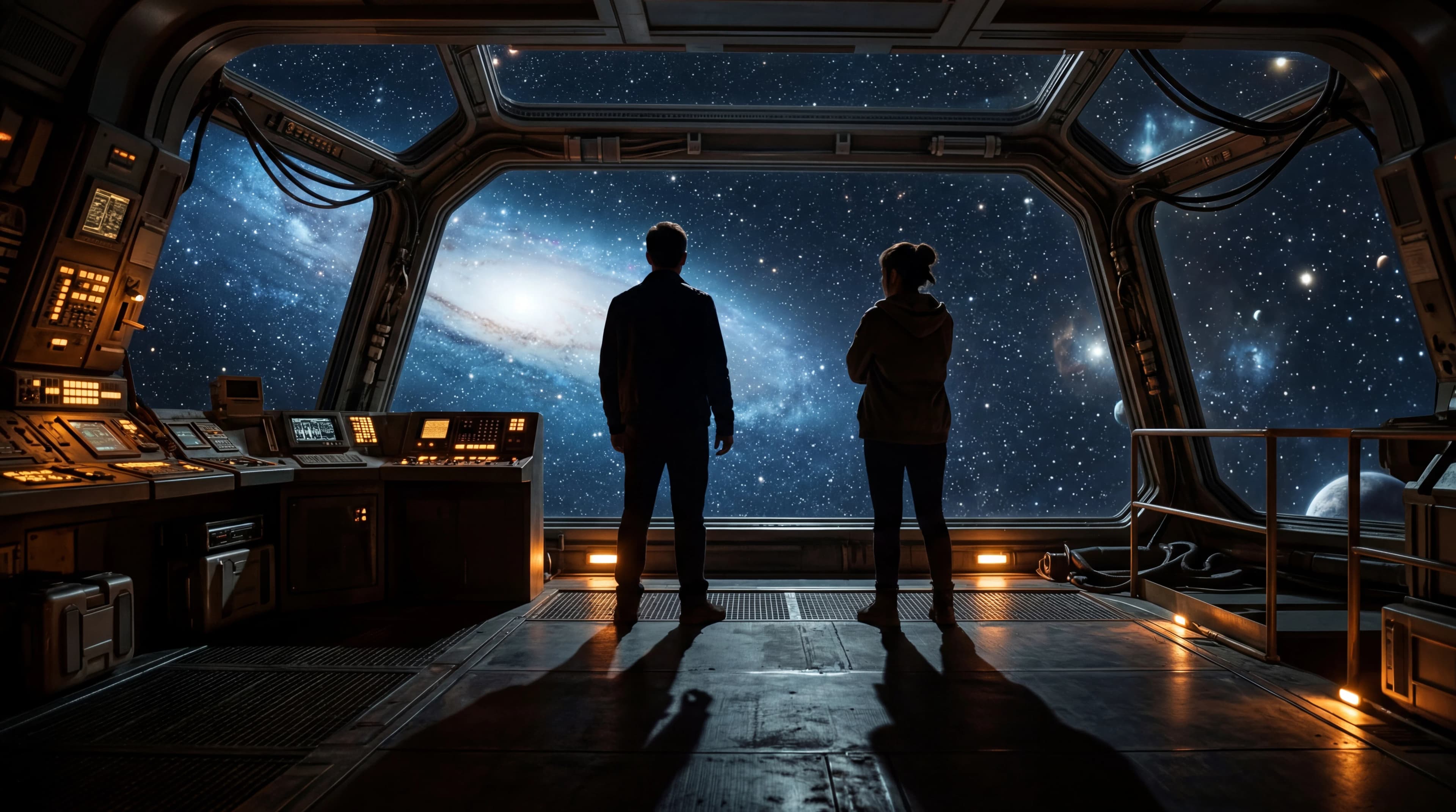 Two silhouettes standing on a spaceship observation deck, warm amber light from instrument panels, cold starfield visible through viewport