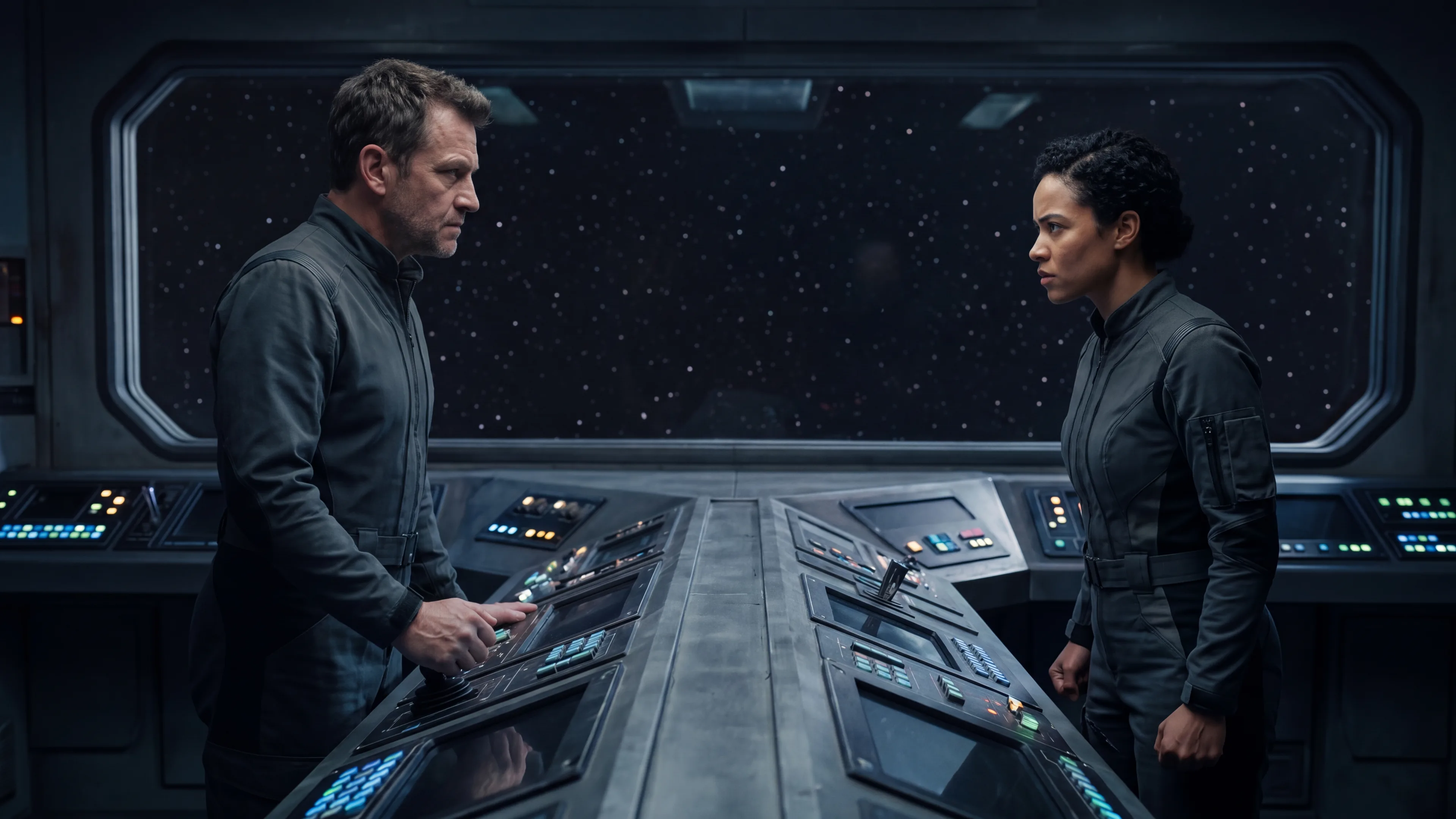 Two officers squared up on opposite sides of a lit bridge console, a starfield through the viewport behind them