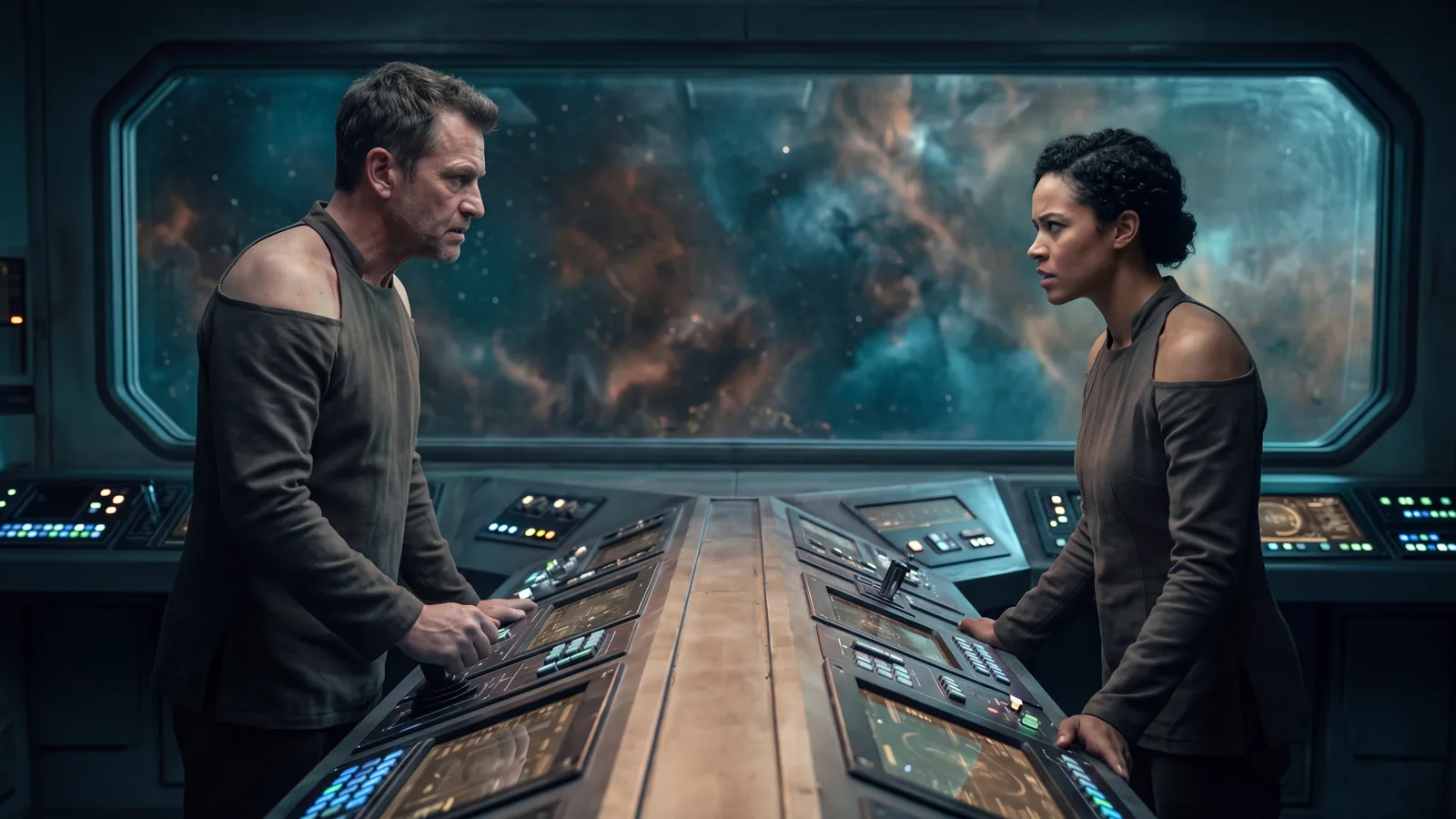 Two crew members square off across a starship console with neither backing down, the antagonism that separates enemies to lovers from rivals to lovers