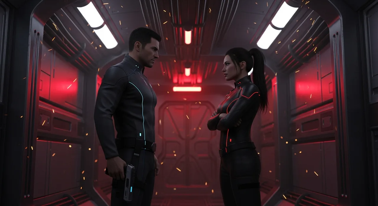 Two figures facing each other across a narrow starship corridor, emergency lighting casting long shadows between them