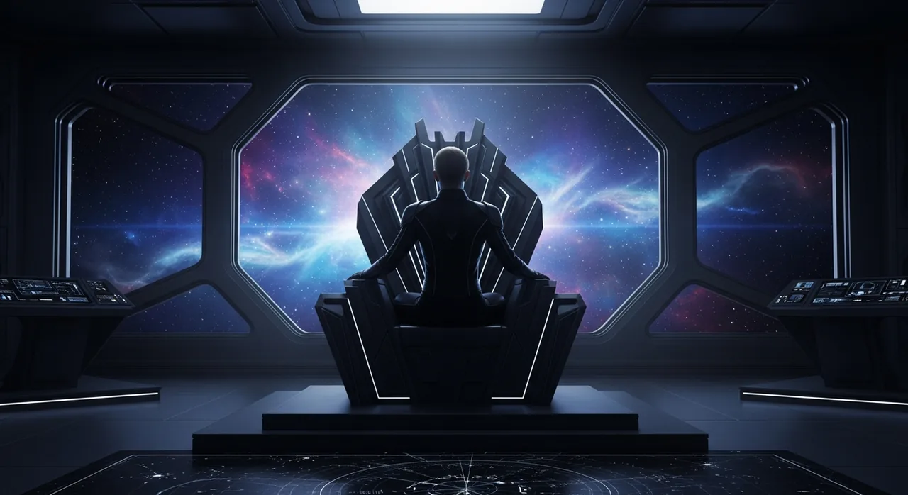 A lone figure seated on a dark throne in a starship command chamber, cosmic light spilling through viewport windows