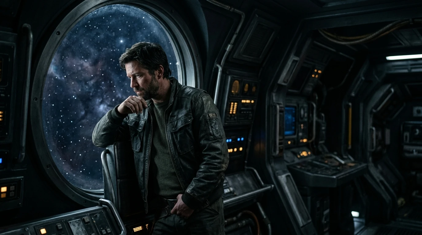 A brooding man in a worn leather jacket leaning against his command chair, looking out a porthole at a distant nebula.