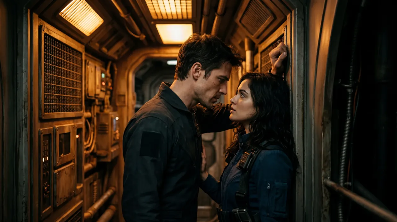 Two silhouettes facing each other across a dimly lit starship corridor with emergency amber lighting casting long shadows