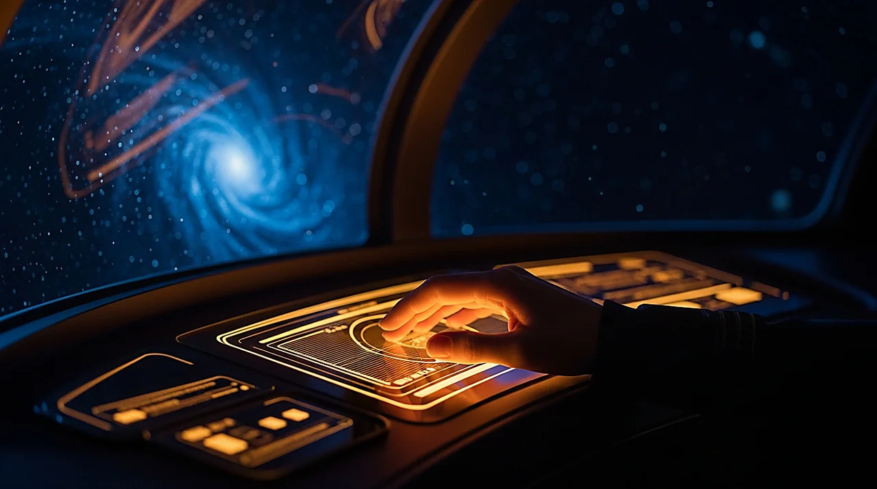 A woman's hand rests on a glowing starship console, stars reflected in the viewport glass beside her