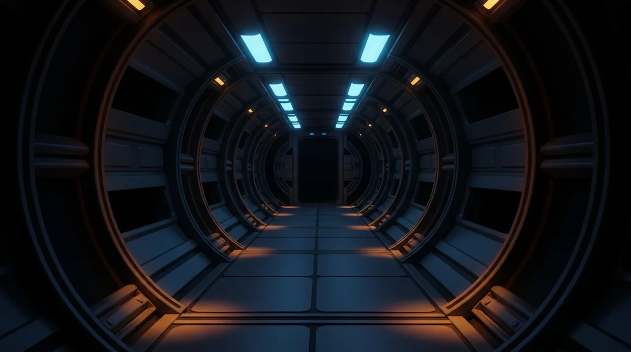 A narrow ship corridor lit by emergency strips, two figures at opposite ends, forced proximity with nowhere to go