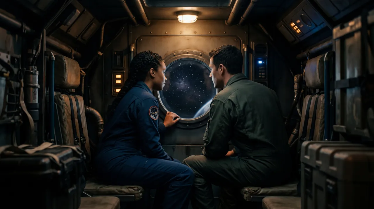 Two figures standing close in a dimly lit starship corridor, tension visible in their body language
