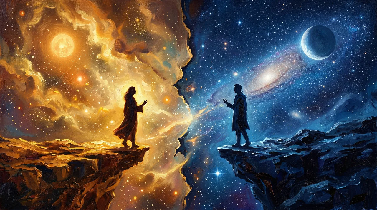 Two silhouettes facing each other across a cosmic divide, warm gold on one side and cool blue starlight on the other