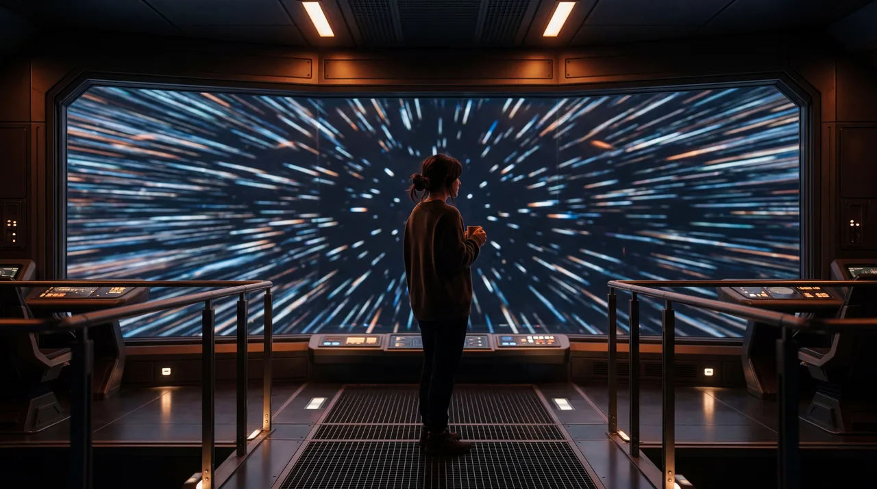 A figure standing on a ship deck, watching stars blur past the viewscreen