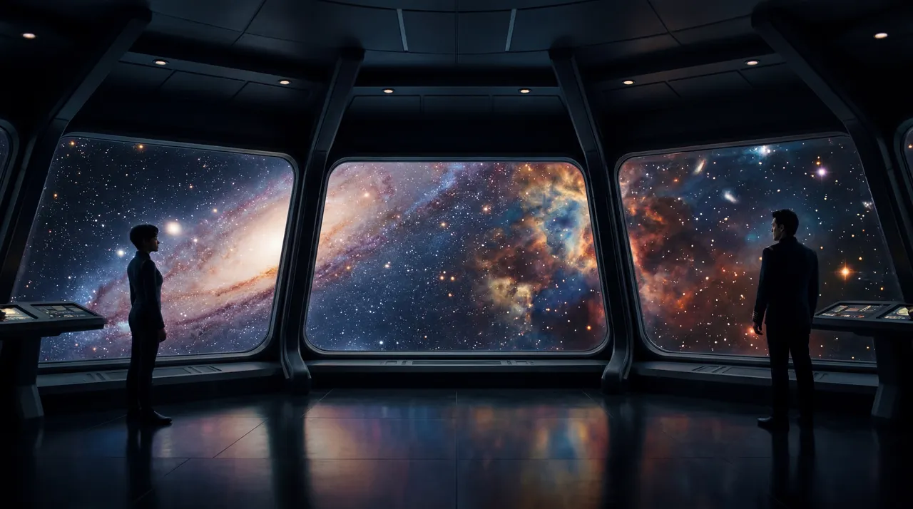 Two figures standing on opposite ends of a starship observation bridge, the galaxy reflected between them