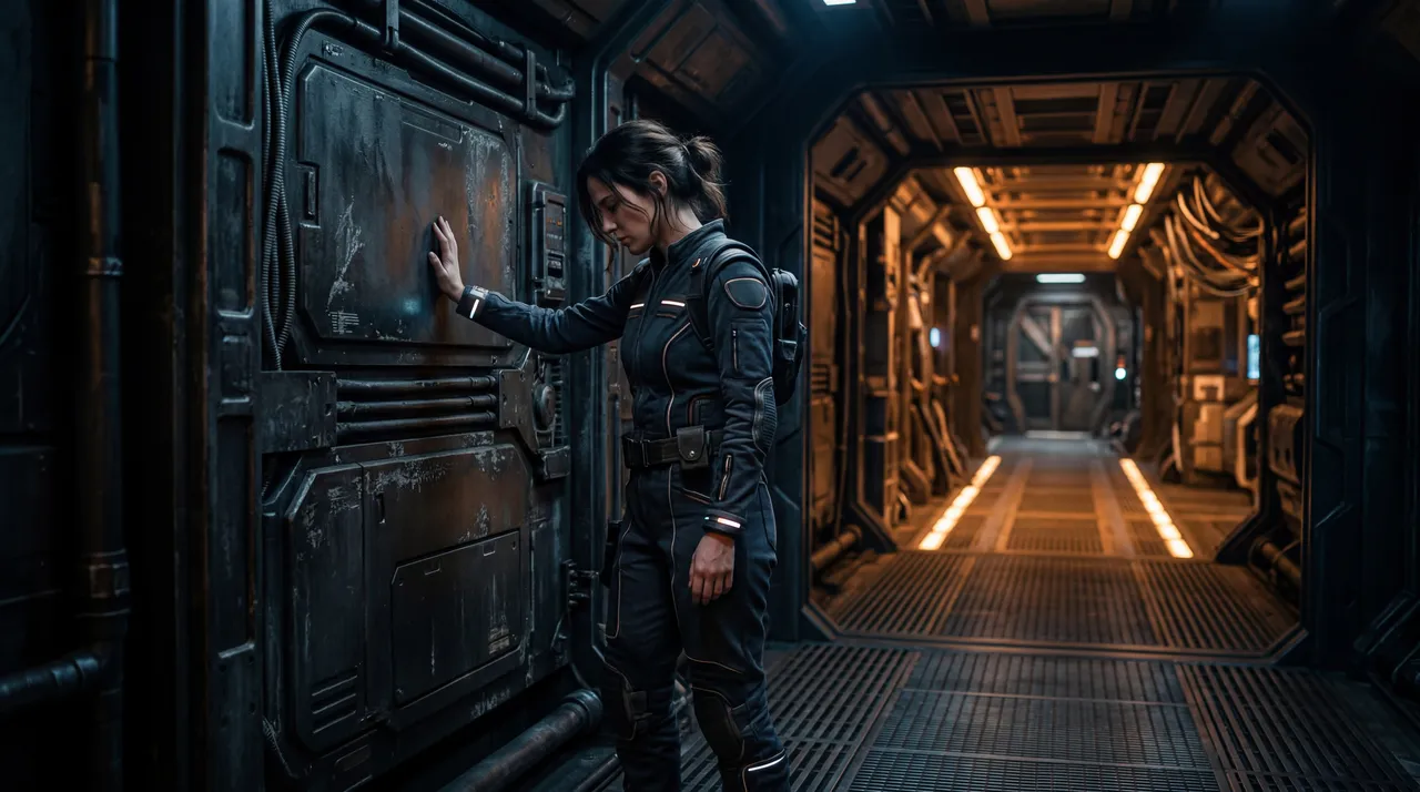 A single figure in a dim ship corridor, one hand against the wall, head down, corridor light stretching ahead