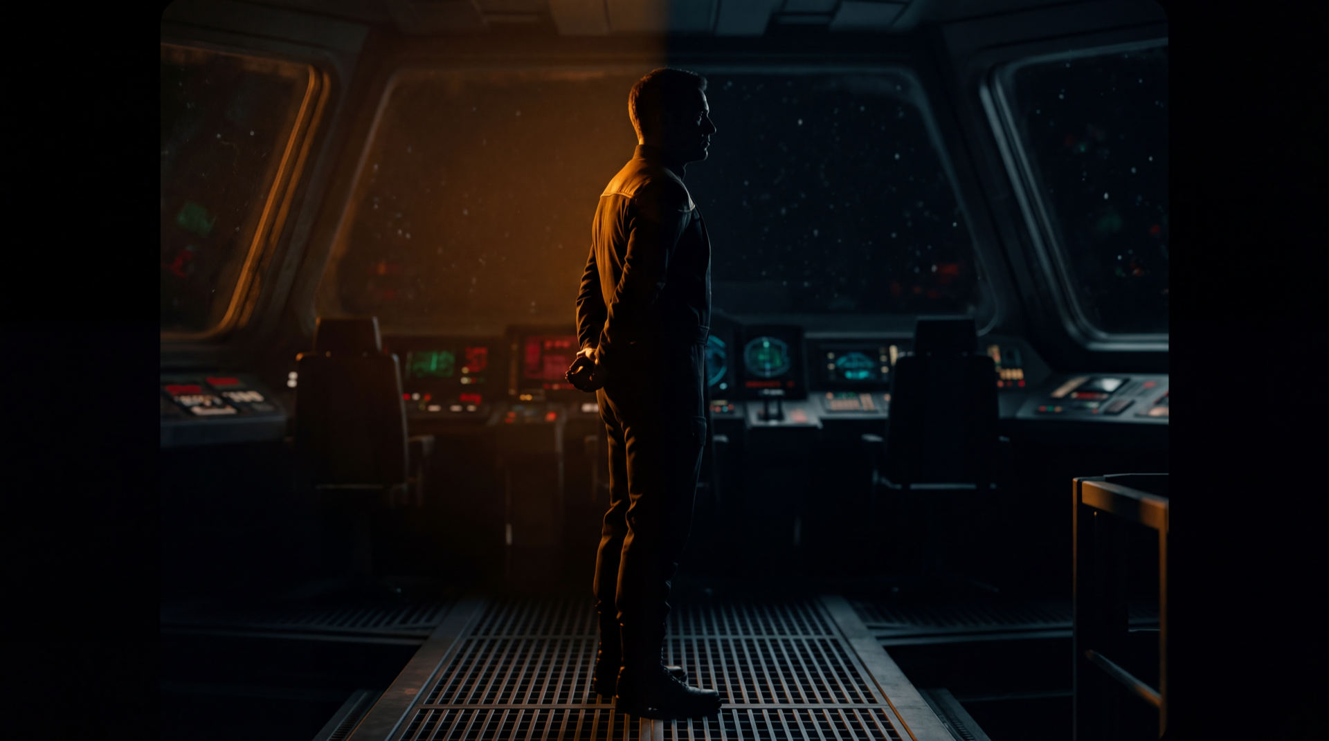 A commanding figure half lit in amber and half consumed by shadow aboard a starship