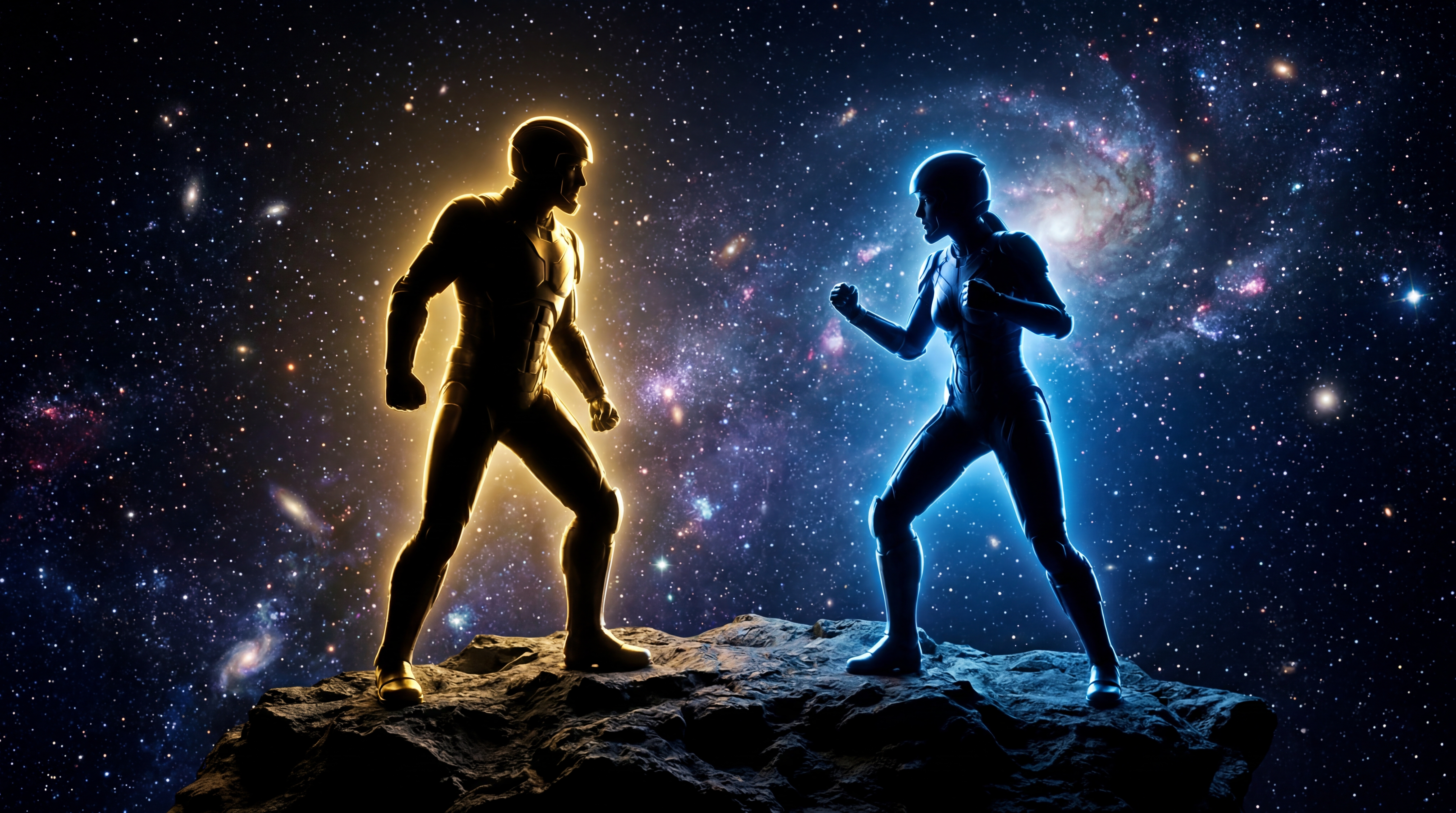 Two figures silhouetted against a star field, standing apart, tension visible in their posture